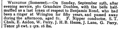 Details of 360 Grandsire Doubles rung at Wrington on the 29 September 1907