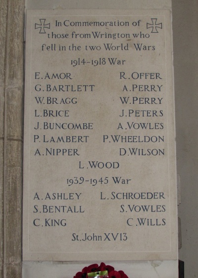 Wrington (Somerset): The War Memorial plaque inside the Church of All Saints
