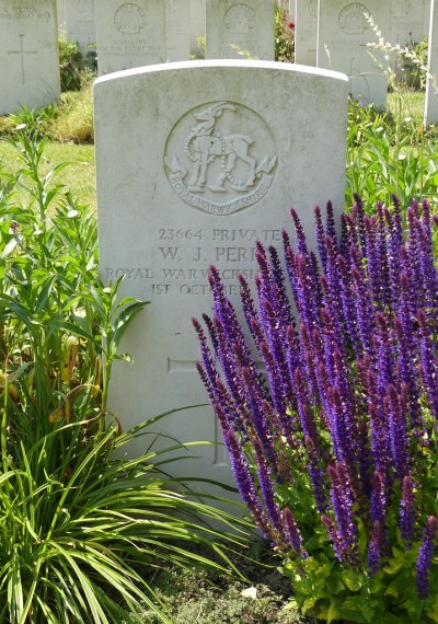 Zonnebeke (West-Vlaanderen): The grave marker of Private W. J. Perry, Royal Warwickshire Regiment, in Tyne Cot Cemetery